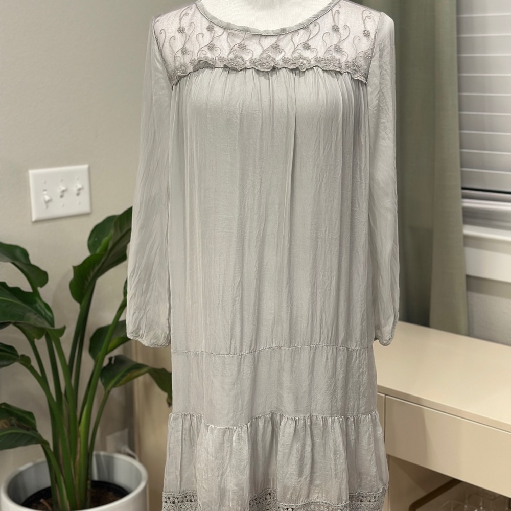 Light Gray Embroidered Yoke Mini Dress